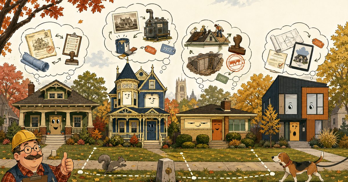 A row of cartoony Ann Arbor houses telling their permit-history stories